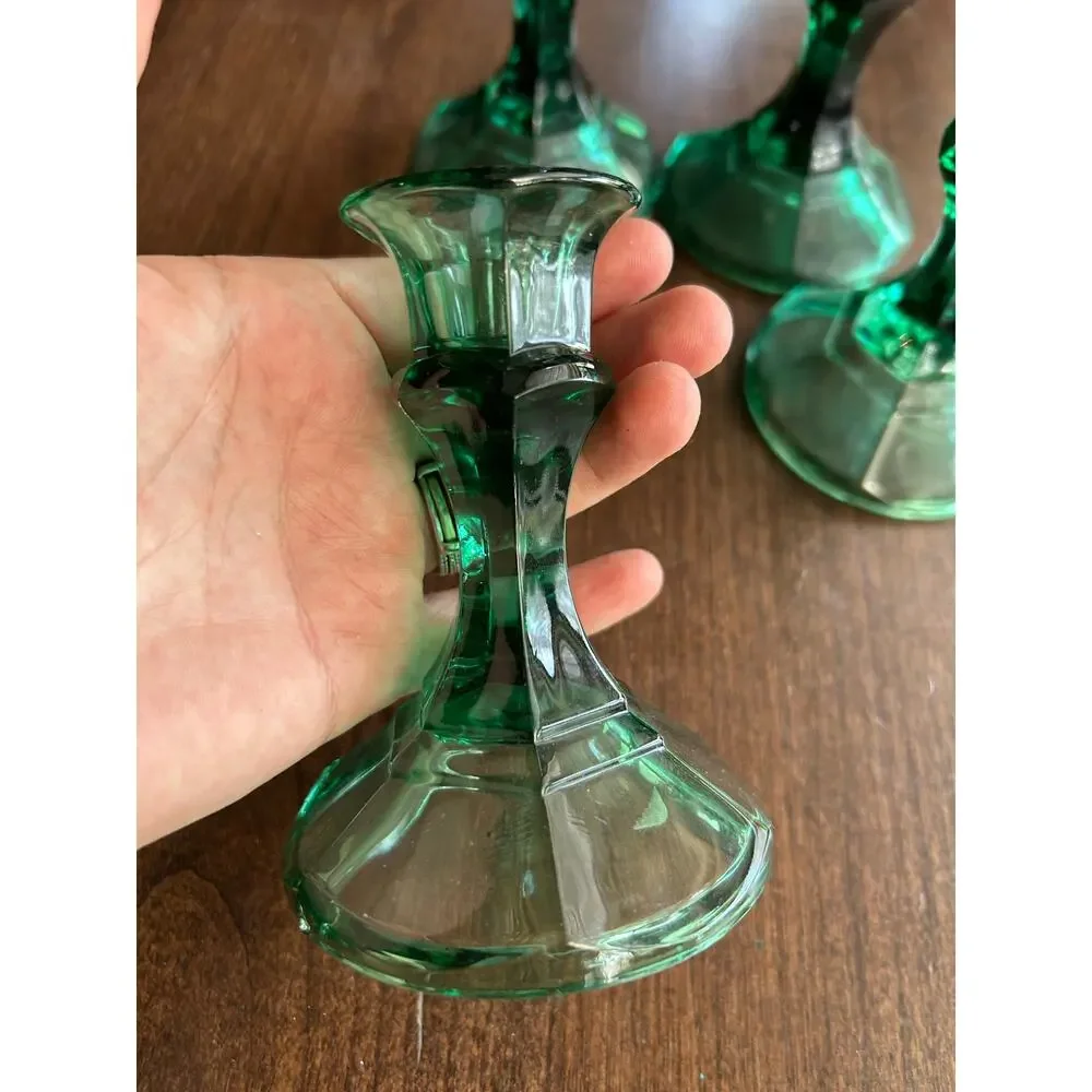 4 Vintage Emerald Green Indiana Glass Candlestick Holders